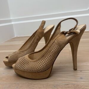 Enzo Angiolini Tan Suede Perforated Slingback Platform Heels - Size 11